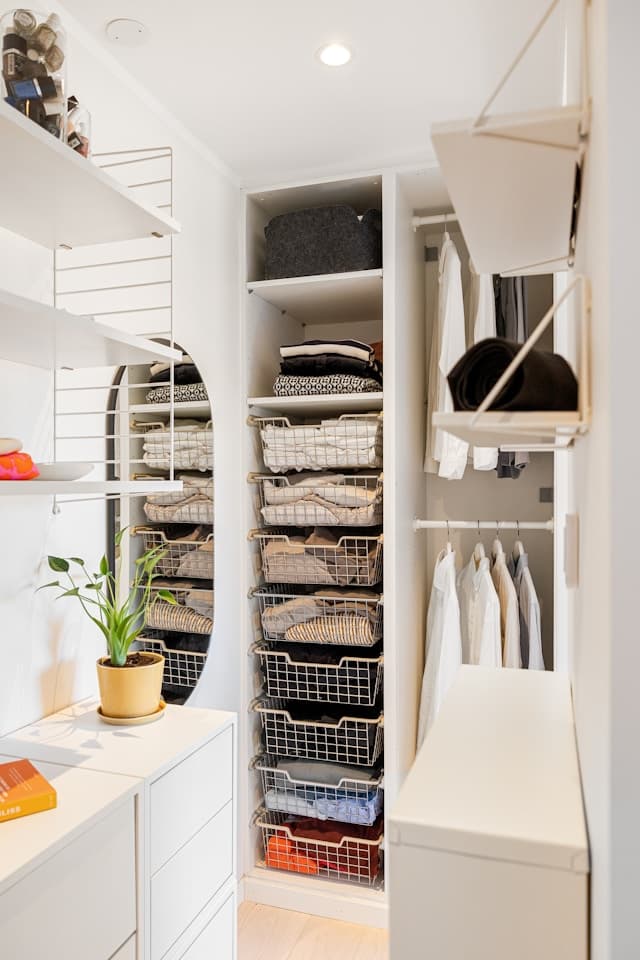 Walk-in closet with wire basket drawers, hanging clothes, and a plant